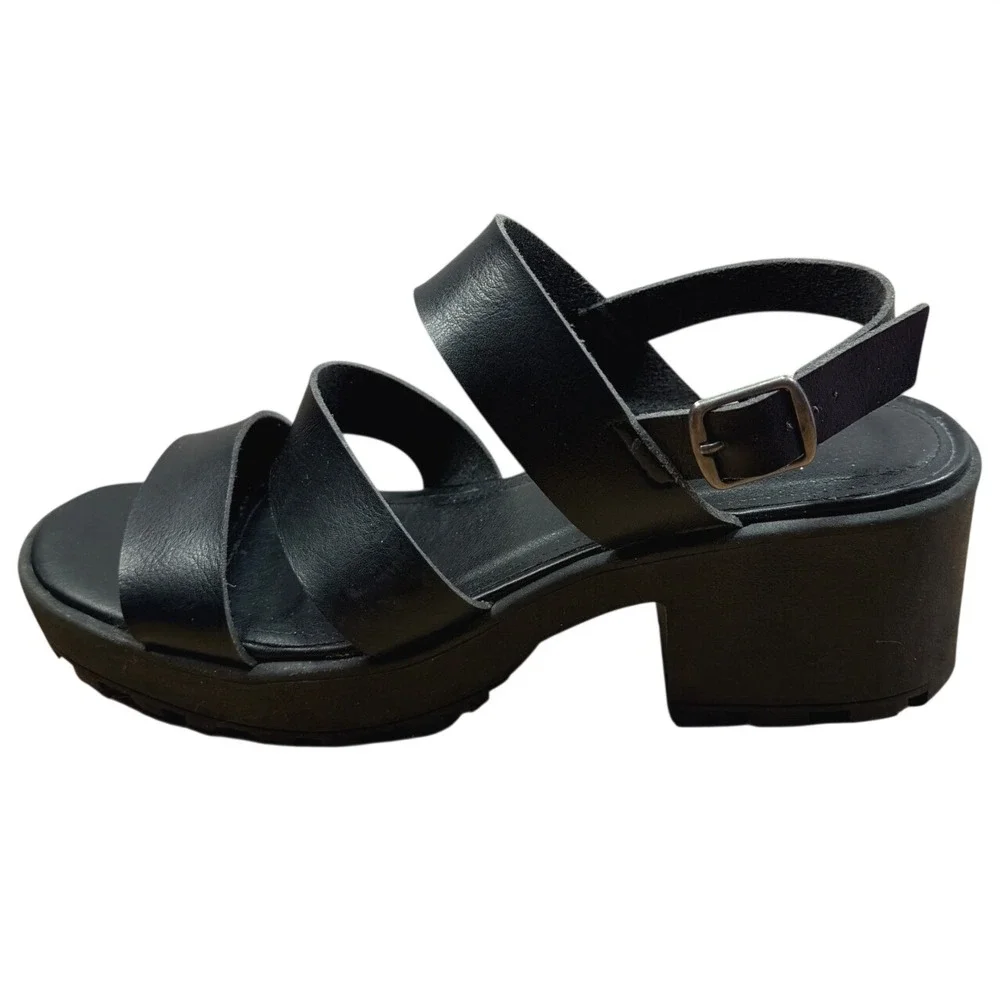 Lugsy Sandals Women 10 Black Platform Lug Sole Goth Grunge Strappy Faux Leather